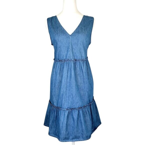 True Craft Womens Sleeveless Denim Tiered Dress Size L V-Neck & Back Tie Closure - Picture 4 of 16